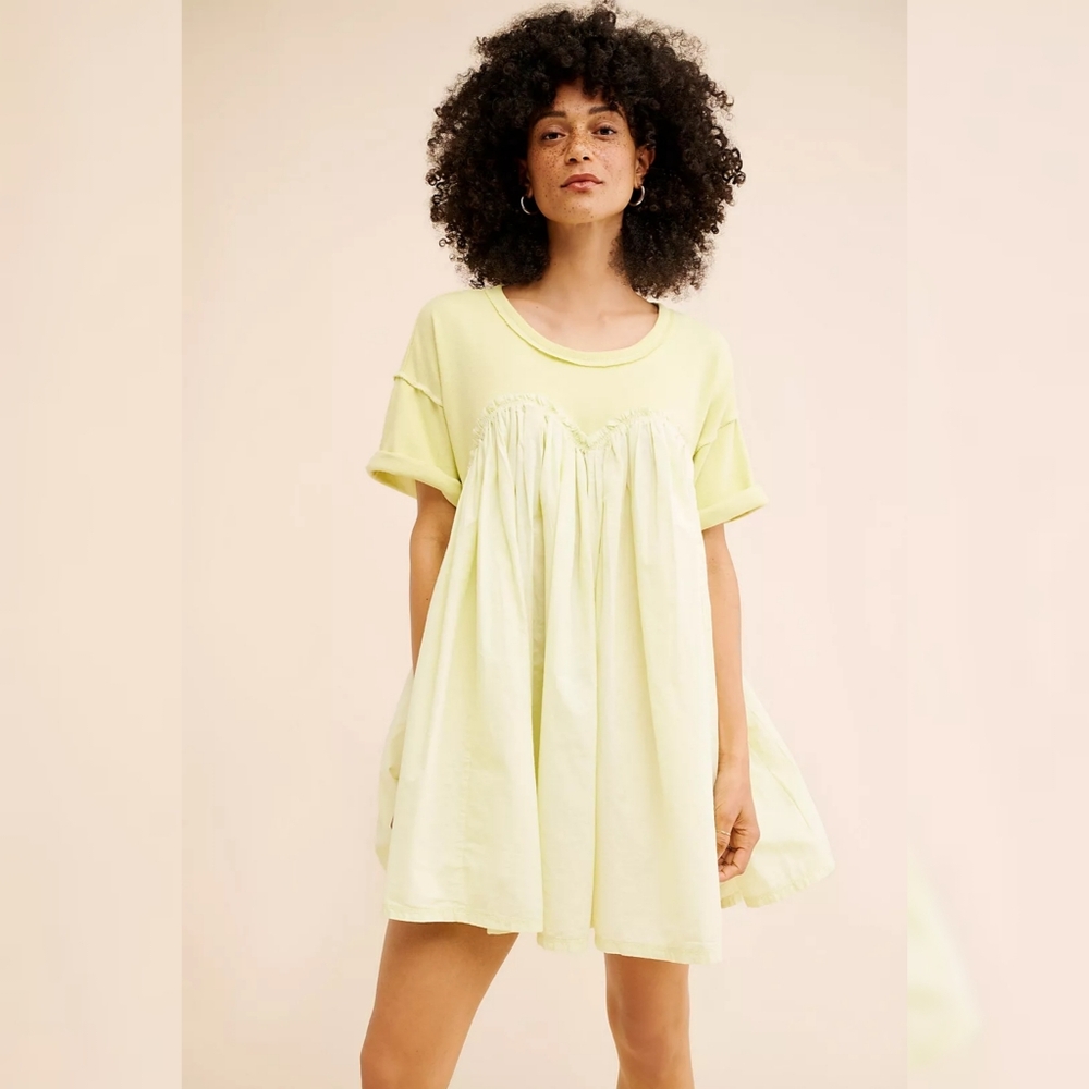 Free People Catalina Mini Dress Yellow Short Sleeve Gathered Bust Women's Medium